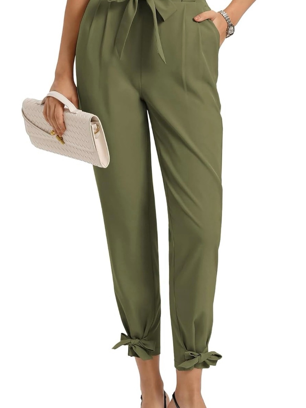 Grace Karin Olive Tie-Waist Cropped Paperbag Pants with Ankle Bows